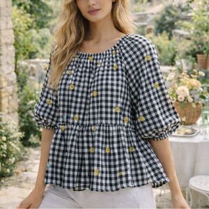 Cottagecore Gingham Checkered Blouse with Yellow Floral Accents size L